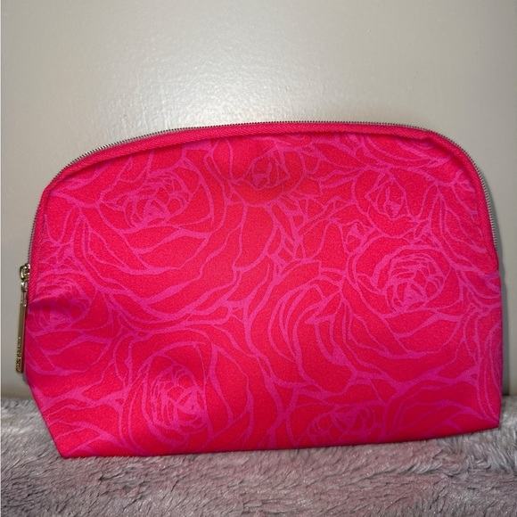 Lancome Paris Small Cosmetic Bag Hot Pink Floral Design Zip Fairycore Romantic - Picture 2 of 7